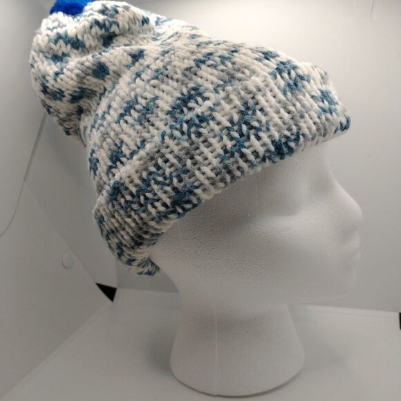 Handmade Hat Blue Unisex Winter Slouchy Knit Warm Beanie Ski Cap Pom Pom - Picture 7 of 12